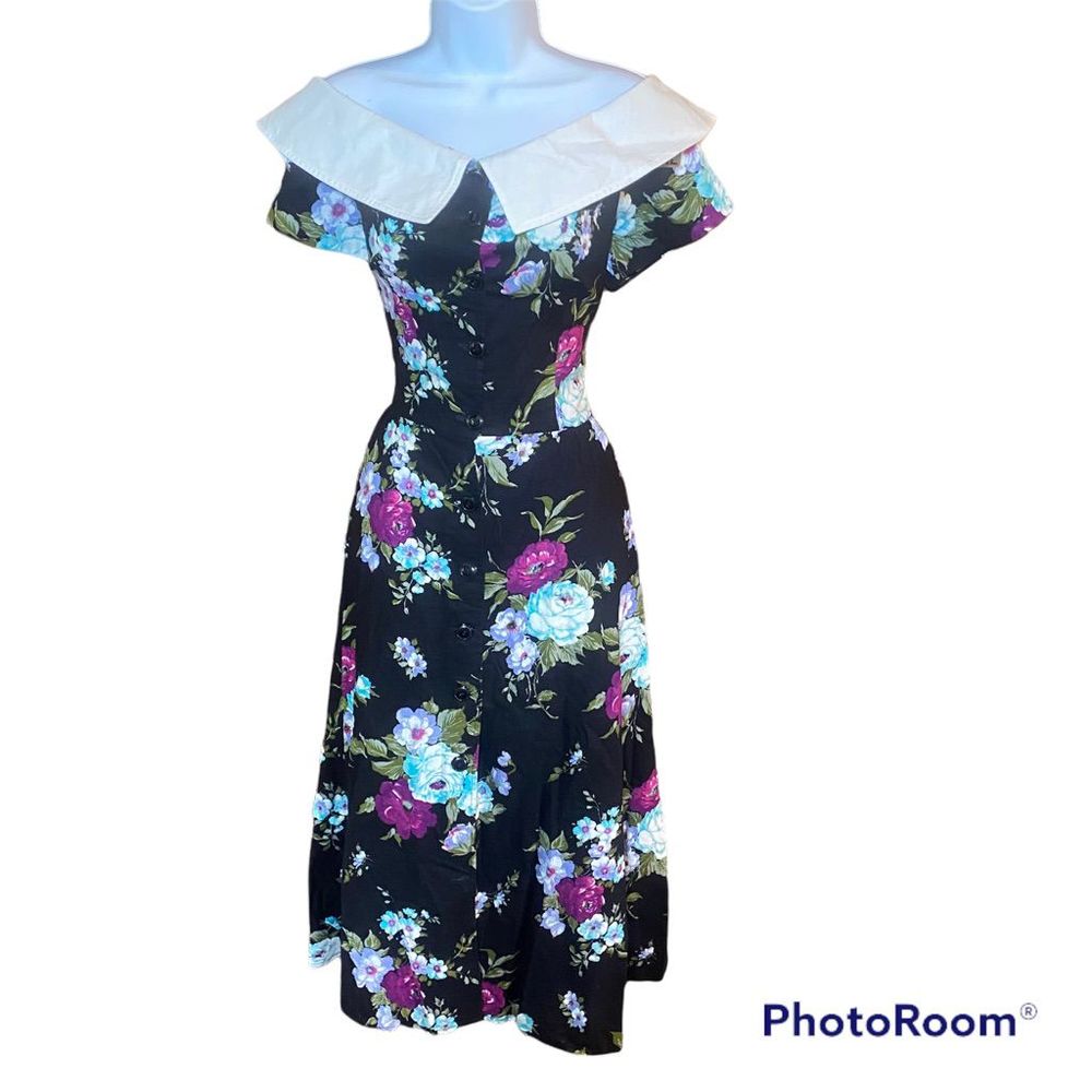 Vintage 80’s Stuart Alan Floral Off the Shoulder Button Down Midi Dress Size Med